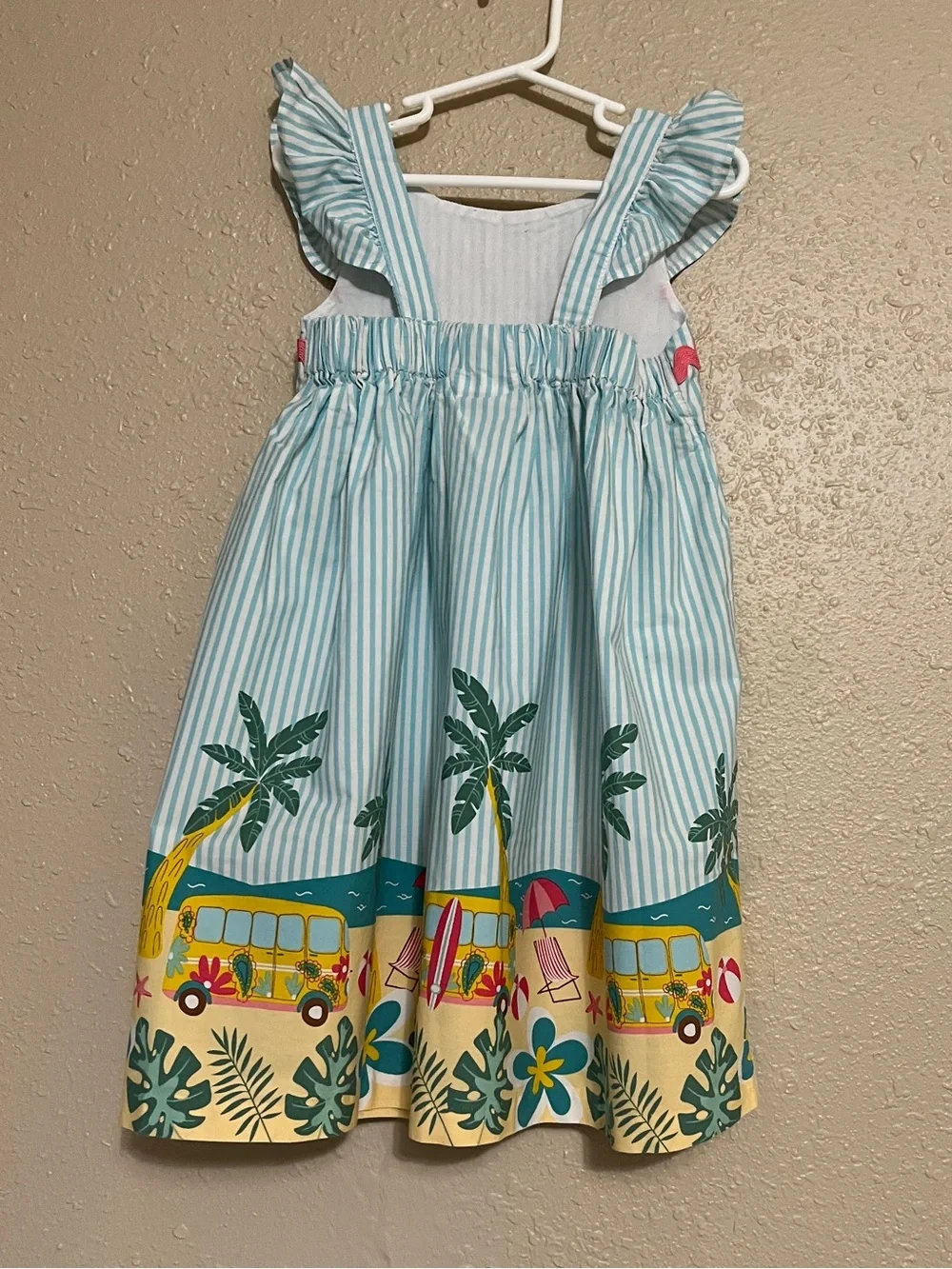 BONNIE JEAN Girls Blue Striped Flutter Beach Border Sundress with Pink Trim Sz 5